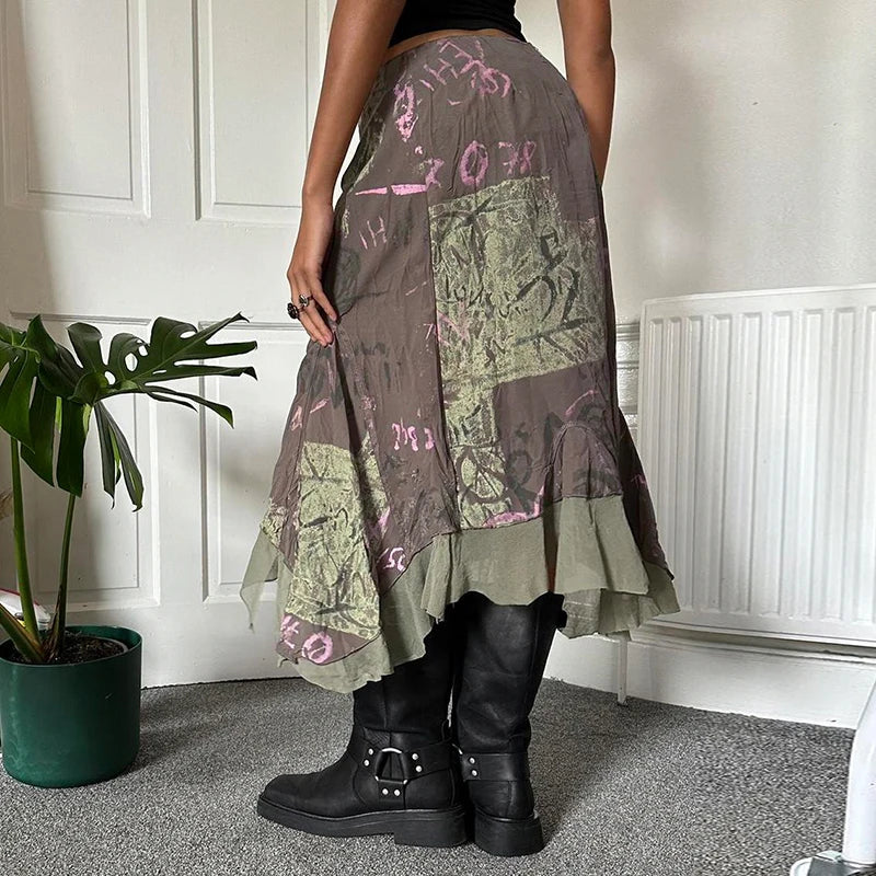 Fairycore Print Asymmetrical Midi Skirt Loose Grunge Y2K Vintage Clothes Patched Streetwear Women's Skirt Aesthetic