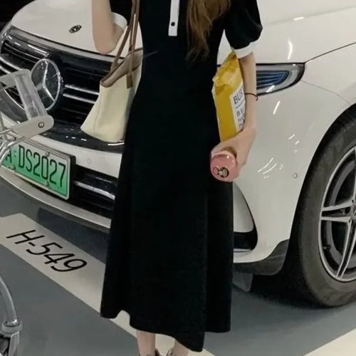 Load image into Gallery viewer, Korean Style School Student Polo Dress Autumn Casual College Preppy Puff Sleeve Kawaii Black Midi Dresses
