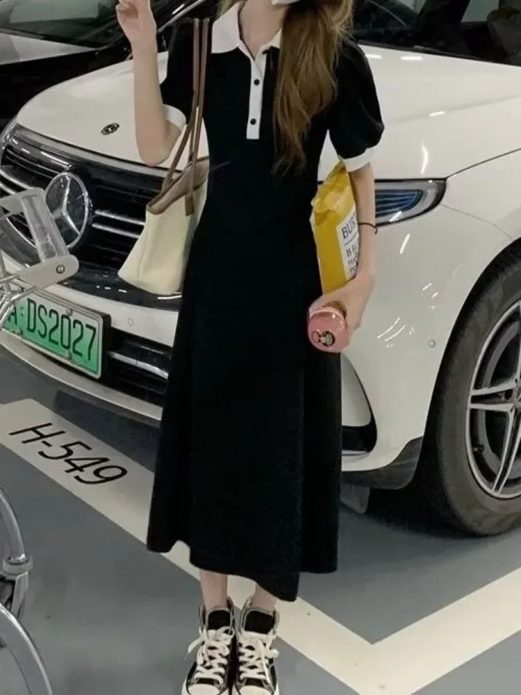 Korean Style School Student Polo Dress Autumn Casual College Preppy Puff Sleeve Kawaii Black Midi Dresses