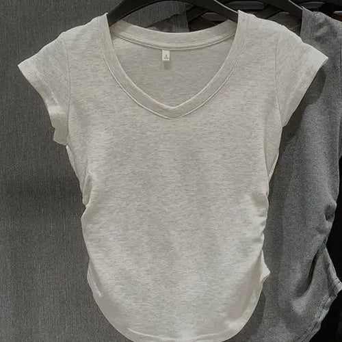 Load image into Gallery viewer, Summer Solid V Neck Pullover Irregular Pleated T Shirt Women Short Sleeved Holiday Tops 2024 Korean Fashion Simplicity Clothing
