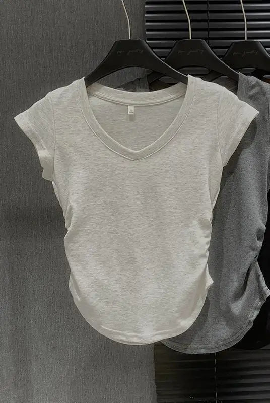 Summer Solid V Neck Pullover Irregular Pleated T Shirt Women Short Sleeved Holiday Tops 2024 Korean Fashion Simplicity Clothing