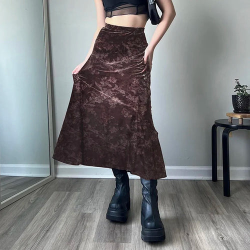 Load image into Gallery viewer, Fairycore Vintage Brown Velour Long Skirt Female Flowers Printed Y2K Party Autumn Skirt Aesthetic Fashion Elegant

