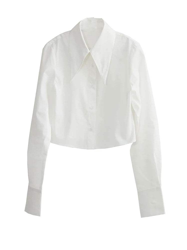 Women White Brief Cotton Elegant Plain Short Blouse New Lapel Long Sleeve Shirt Fashion Tide Spring Autumn 2025 1DH7516