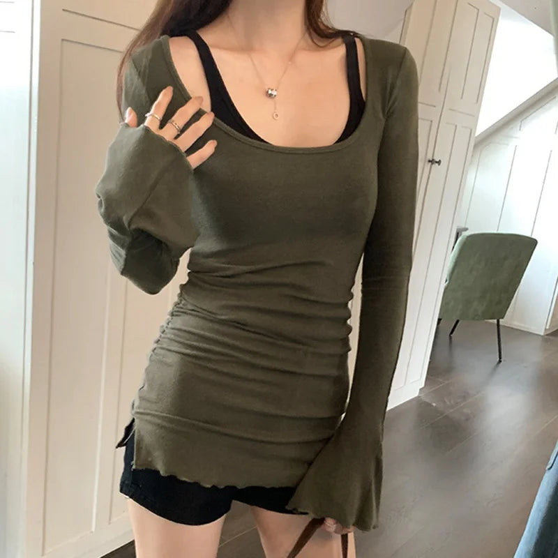 y2k Tops for Women Aesthetic Clothing Solid Color Round Neck Flared Long Sleeve T Shirts 2000s Clothes Streetwear