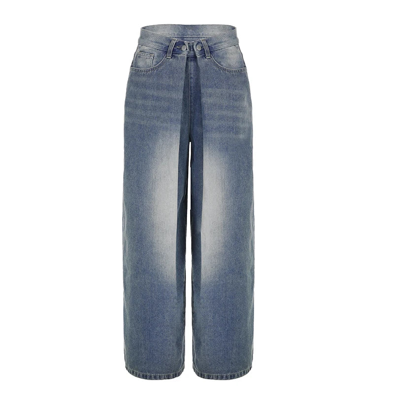 Vintage Y2K Chic Women Jeans Basic Pleated Distressed Harajuku Straight Leg Denim Trousers Bottom Korean Pants Outfit
