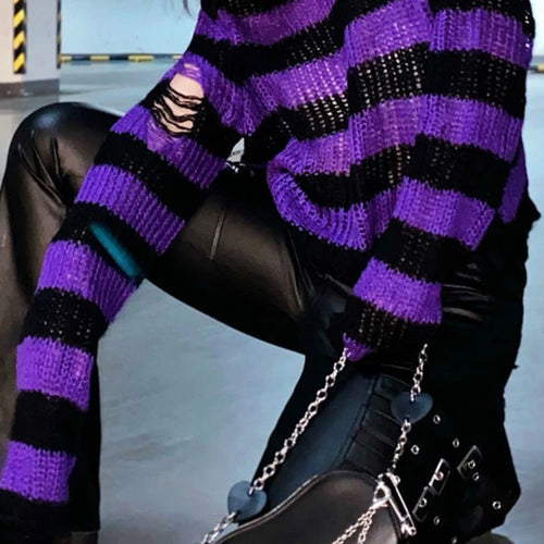 Load image into Gallery viewer, Striped Women's Crop Sweater Punk Streetwear Korean Style Hole Thin Knitted  Gothic Long Sleeve Y2k Pullover
