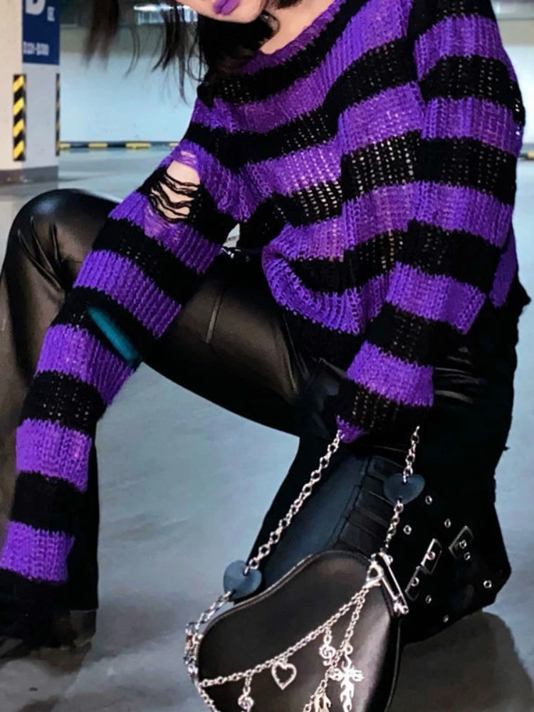 Striped Women's Crop Sweater Punk Streetwear Korean Style Hole Thin Knitted  Gothic Long Sleeve Y2k Pullover