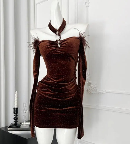 Vintage French Brown Velvet Off Shoulder Halter Evening Dresses Women Autumn Elegant Long Sleeve Backless Party Short Dress Chic