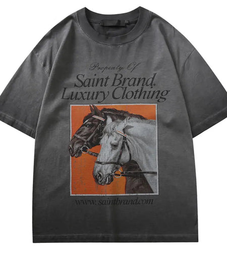 Men Vintage Tshirt Y2K Retro Horse Graphic Printed T-Shirts Streetwear Hip Hop Punk Gothic Baggy Grunge Tee Harajuku Washed Tops