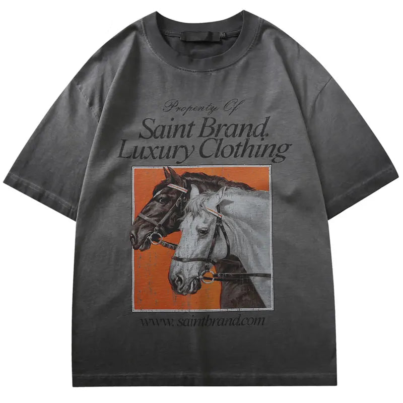 Men Vintage Tshirt Y2K Retro Horse Graphic Printed T-Shirts Streetwear Hip Hop Punk Gothic Baggy Grunge Tee Harajuku Washed Tops