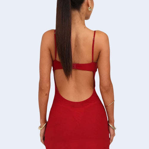 Load image into Gallery viewer, Flower Rhinestone Mesh See Through Sexy Dresses Women Red Sleeveless Backless Mini Dress Night Club Outfits C92-CA15
