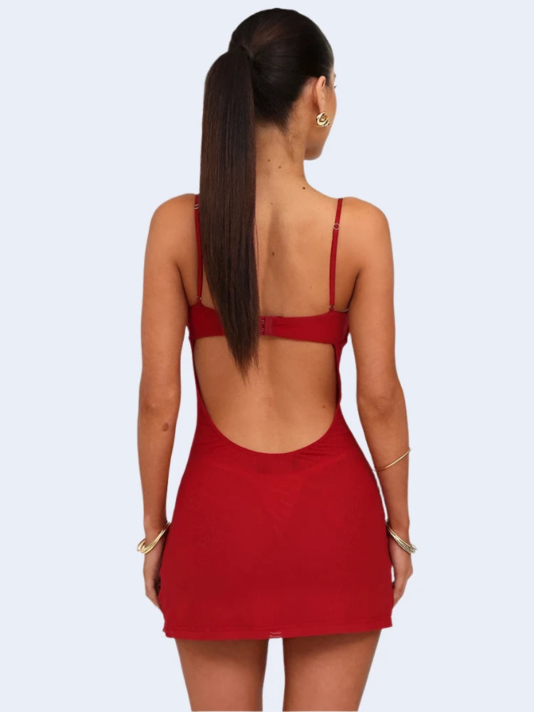 Flower Rhinestone Mesh See Through Sexy Dresses Women Red Sleeveless Backless Mini Dress Night Club Outfits C92-CA15