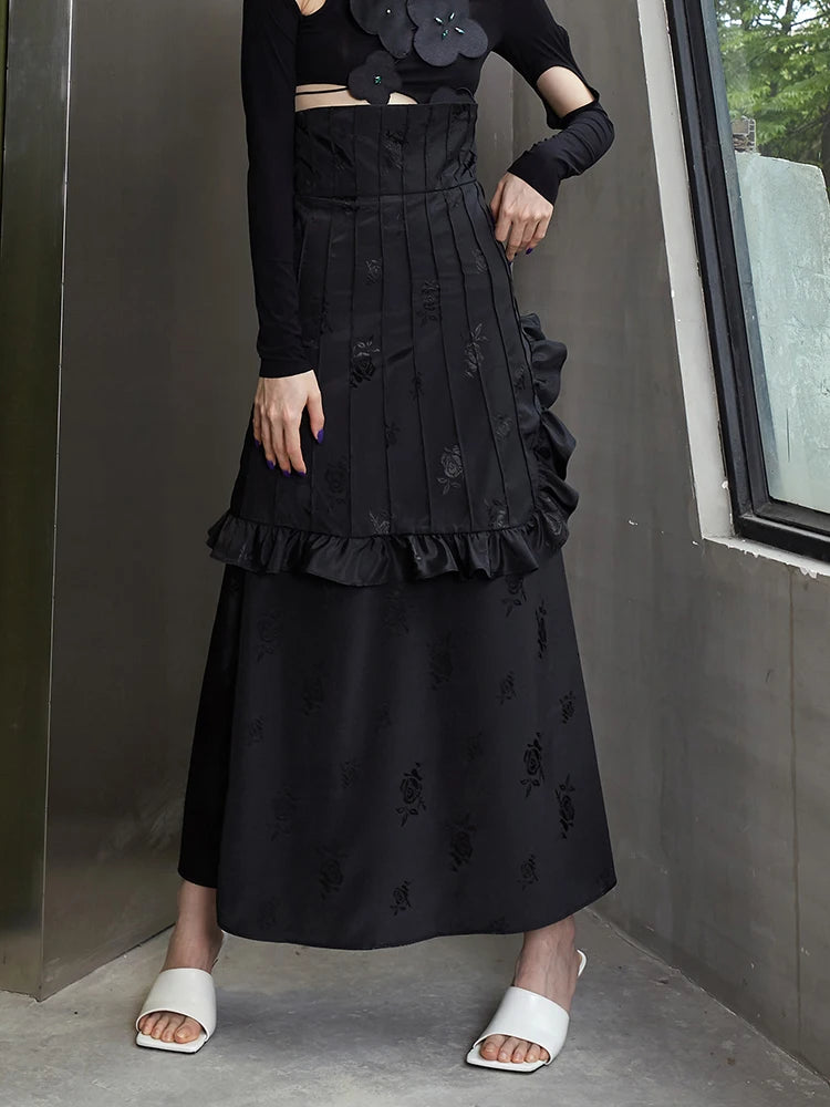 Patchwork Vintage Midi Skirt For Women High Waist Irregular Ruffle Trim Solid Midi Skirts Female Clothing Style
