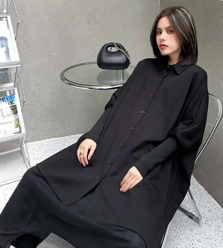 Women Black Irregular Big Size Long Blouse New Lapel Long Sleeve Loose Fit Shirt Fashion Tide Spring Autumn 2025 1DF0333