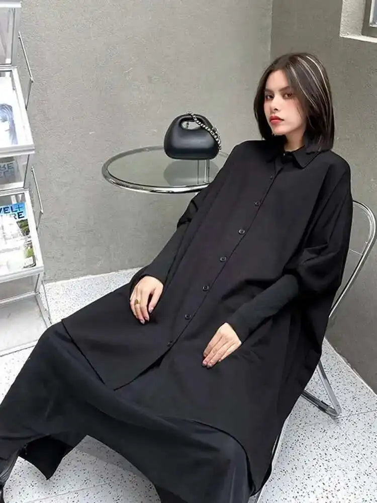 Women Black Irregular Big Size Long Blouse New Lapel Long Sleeve Loose Fit Shirt Fashion Tide Spring Autumn 2025 1DF0333