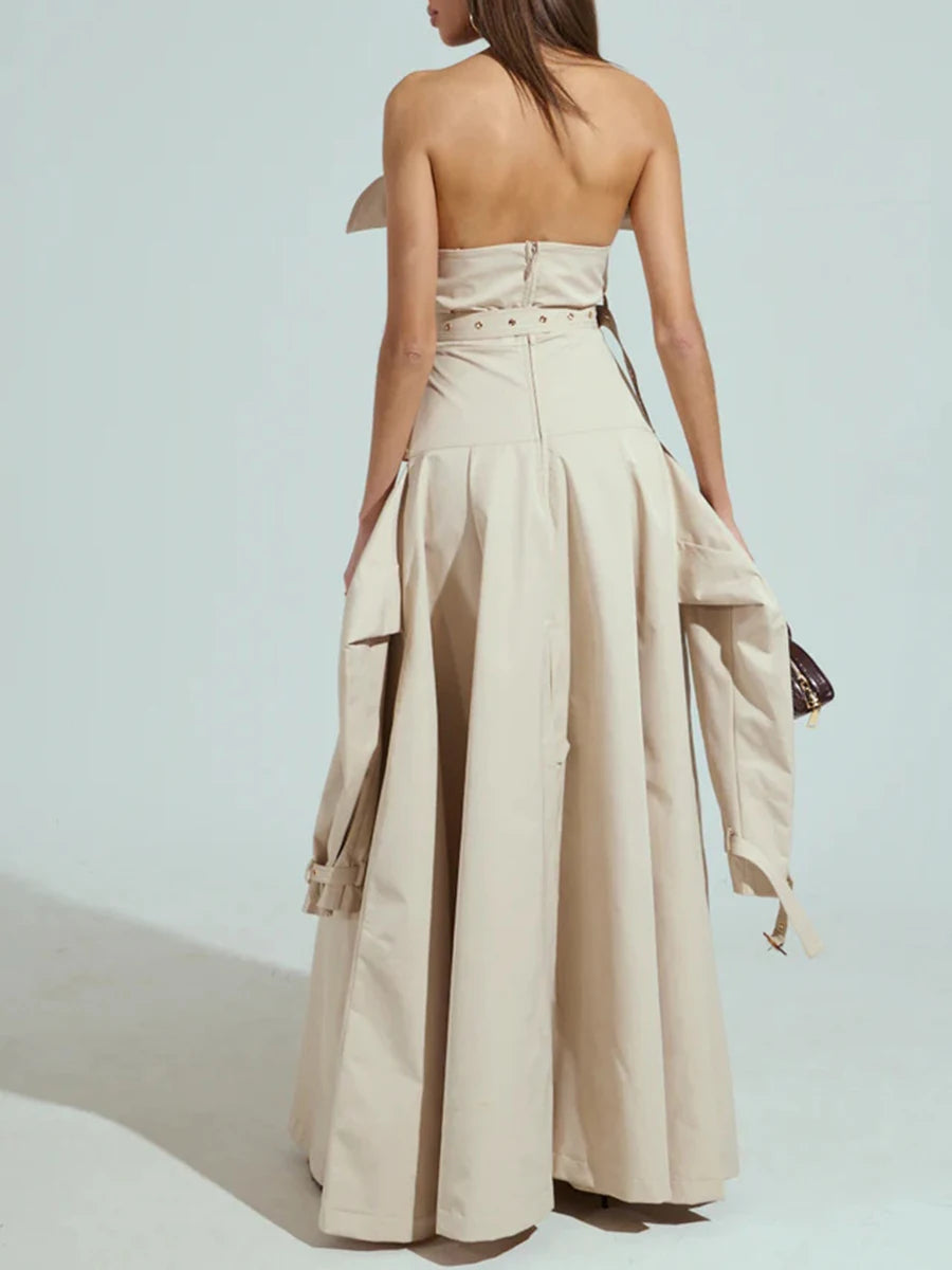 Slimming Spliced Double Breasted Fashion Long Dresses for Women Strapless Sleeveless Patchwork Pockets Dress Female