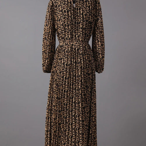 Load image into Gallery viewer, Women Brown Leopard Printed Rhinestones Long Dress New Round Neck Long Sleeve Fashion Tide Spring Autumn 2025 3WM2692
