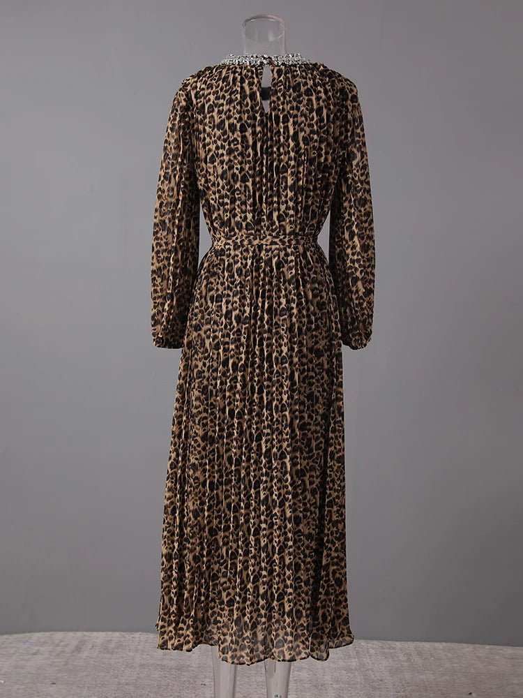 Women Brown Leopard Printed Rhinestones Long Dress New Round Neck Long Sleeve Fashion Tide Spring Autumn 2025 3WM2692