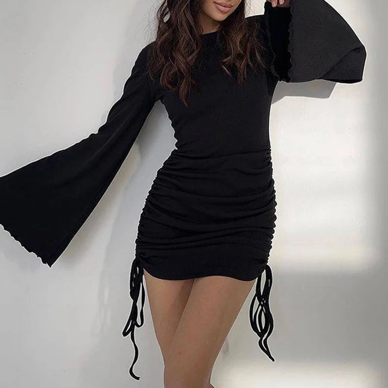 Fashion Elegant Flare Sleeve Autumn Dress Mini Slim Drawstring Fold Casual Dresses Solid Frill Korean Ladies Clothing