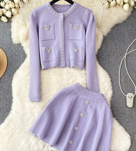 Vintage Elegant Two Piece Set Women Solid Pearl Round Neck Long Sleeve Short Tops + High Waist Pleated Short Skirt Autumn Winter