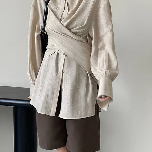 Load image into Gallery viewer, Women Apricot Cross Bandage Blouse New Stand Collar Long Sleeve Loose Fit Shirt Fashion Tide Spring Autumn 2025 1DF1552
