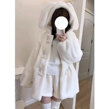Cute Rabbit Ears Hooded Lolita Plush Jacket Women Autumn Winter New Thickened Warm Corner Buckle Mid-length Plush Jacket Student