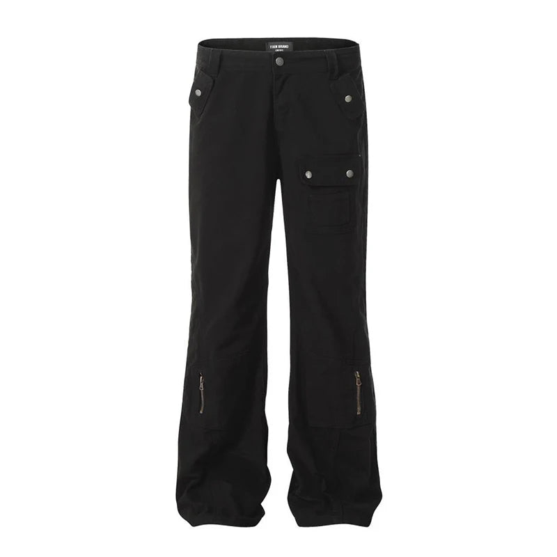 Men's Cargo Pants New American High Street Zipper Design Straight Wide Leg Solid Color Simple Male Trousers 2025 9W1954