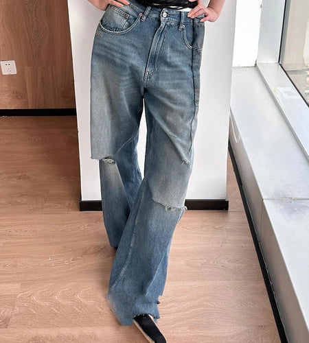 Solid Loose Spliced Hole Casual Jeans for Women High Waist Patchwork Pocket Basics Jean Female Fashion Clothing New