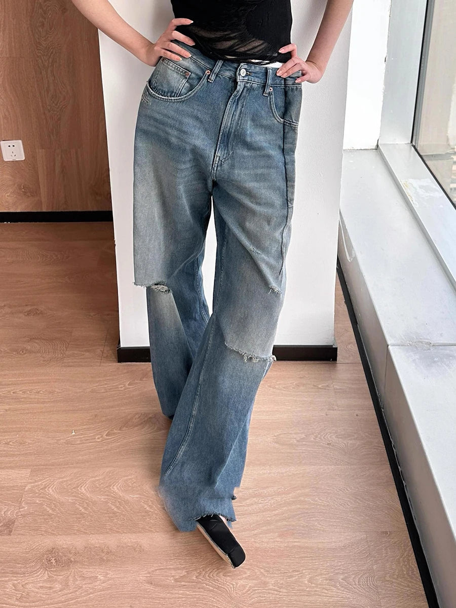 Solid Loose Spliced Hole Casual Jeans for Women High Waist Patchwork Pocket Basics Jean Female Fashion Clothing New