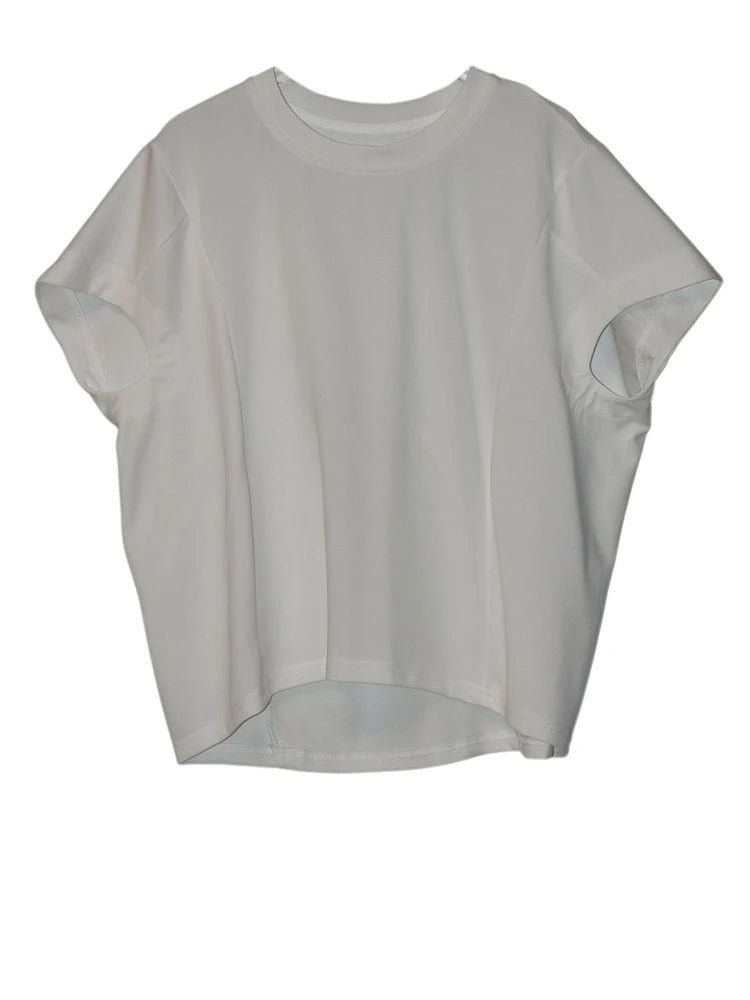 Women Black Irregular Hem Big Size Causal T-shirt New Round Neck Short Sleeve Fashion Tide Spring Summer 2025 1DJ1381