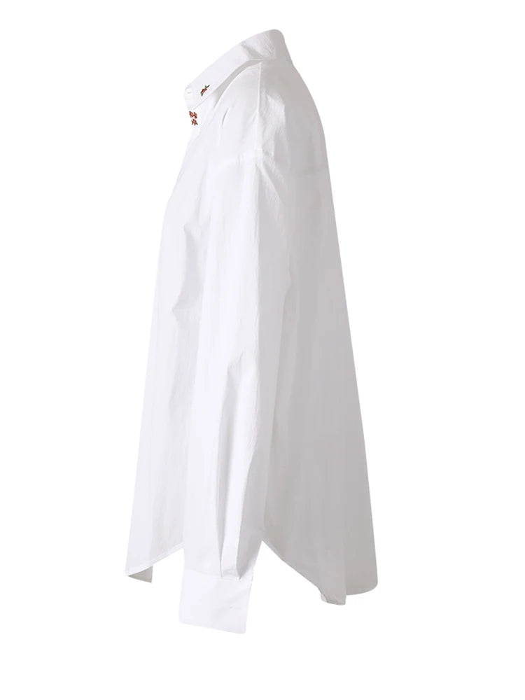 Women White Embroidery Big Size Elegant Blouse New Lapel Long Sleeve Shirt Fashion Tide Spring Autumn 2025 CPG3311