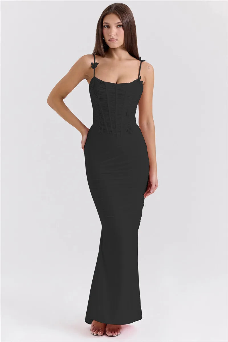 Bow Spaghetti Strap Sexy Maxi Dress For Women Gown Elegant Off-shoulder Sleeveless Backless Evening Club Party Dress