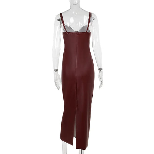Load image into Gallery viewer, Spaghetti Strap PU Leather Sexy Maxi Dress For Women Fashion Halter Sleeveless Backless Slim Fit Sexy Long Dress New
