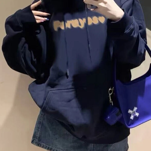 Load image into Gallery viewer, Navy Blue Chicly Hooded Drawstring Loose Female Hoodies Fashion Letter Printing Pocket Basic Simple Casual Women Hoodies
