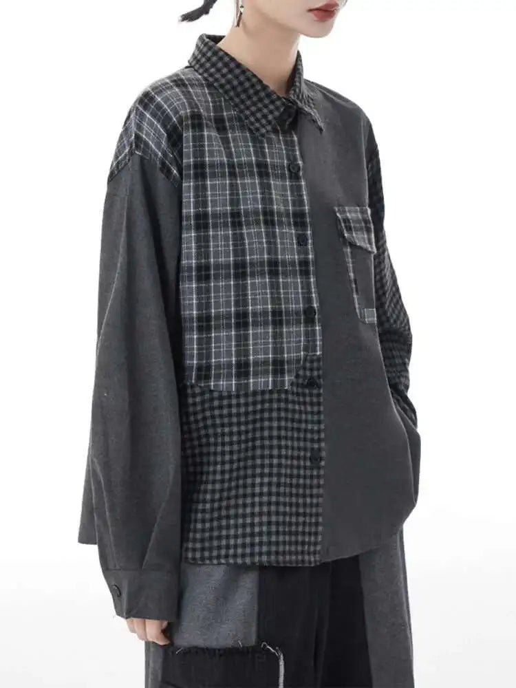 Women Color-block Black Plaid Big Size Blouse New Lapel Long Sleeve Loose Shirt Fashion Tide Spring Autumn 2025 1DH3220