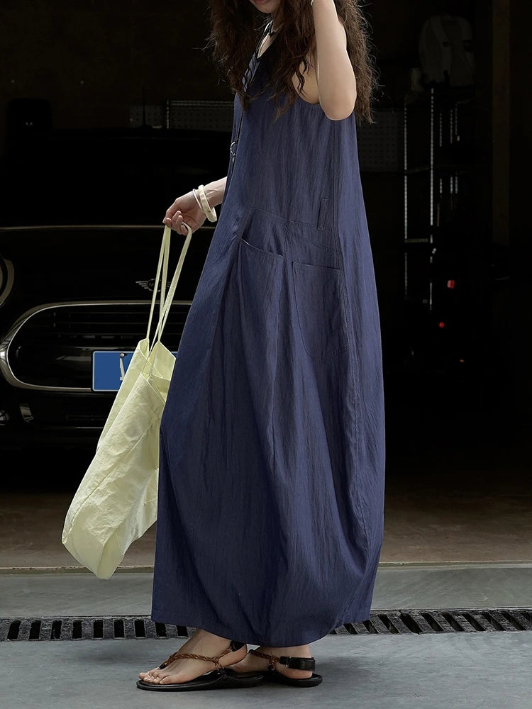 Women Khaki Brief Pocket Casual Long Elegant Bud Dress New Round Neck Sleeveless Fashion Tide Spring Summer 2025 1DJ1330