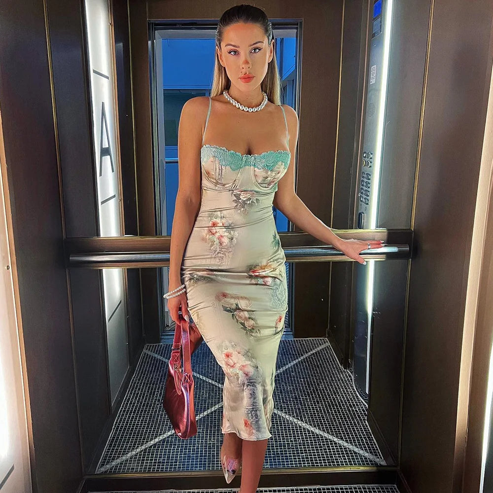 Spaghetti Strap Lace Print Midi Dress For Women Robe Strapless Backless High Waist Bodycon Club Party Long Dress