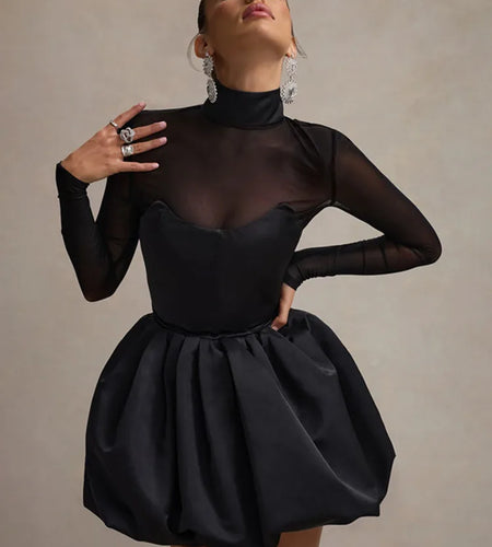 Turtleneck Sheer Long Sleeve Sexy Mini Dress For Women Black See Through High Waist A-line Club Party Dress Elegant