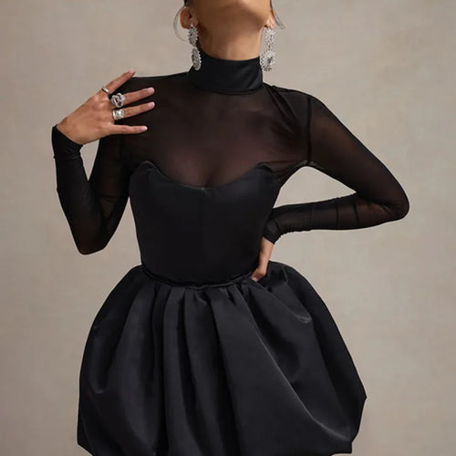 Load image into Gallery viewer, Turtleneck Sheer Long Sleeve Sexy Mini Dress For Women Black See Through High Waist A-line Club Party Dress Elegant
