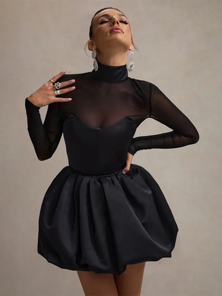 Turtleneck Sheer Long Sleeve Sexy Mini Dress For Women Black See Through High Waist A-line Club Party Dress Elegant
