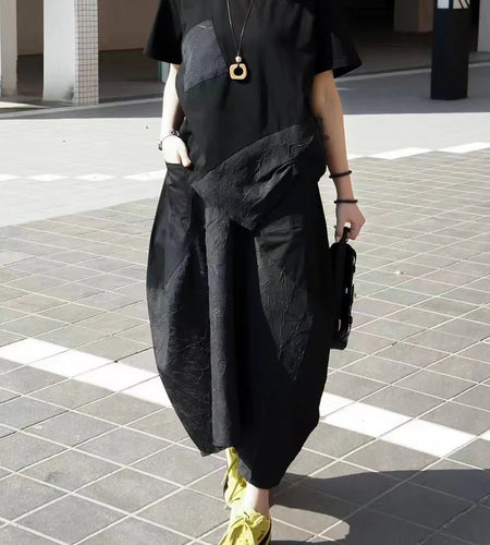 Women Black Pleated Irregular Big Size Casual T-shirt New Round Neck Short Sleeve Fashion Tide Spring Summer 2025 1DJ0412