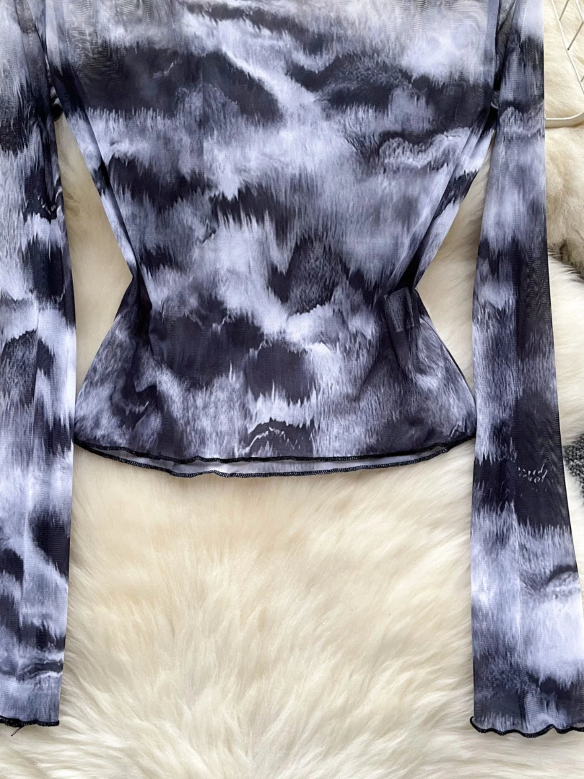 Vintage Black Tie Dye Elegant Slim Long Sleeved T-shirt For Women 2024 Spring Autumn New Vacation Versatile Tops Trendy Fashion