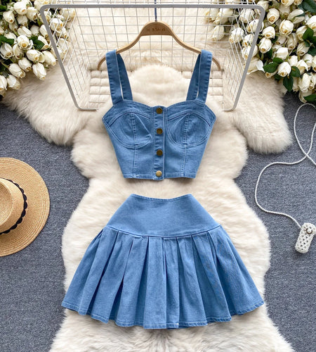 Female Chic Retro Suits Strap Button Elasticity Short Tank+Pleated Mini Skirt Fashion Hotsweet Denim Two Pieces Set