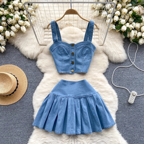 Load image into Gallery viewer, Female Chic Retro Suits Strap Button Elasticity Short Tank+Pleated Mini Skirt Fashion Hotsweet Denim Two Pieces Set
