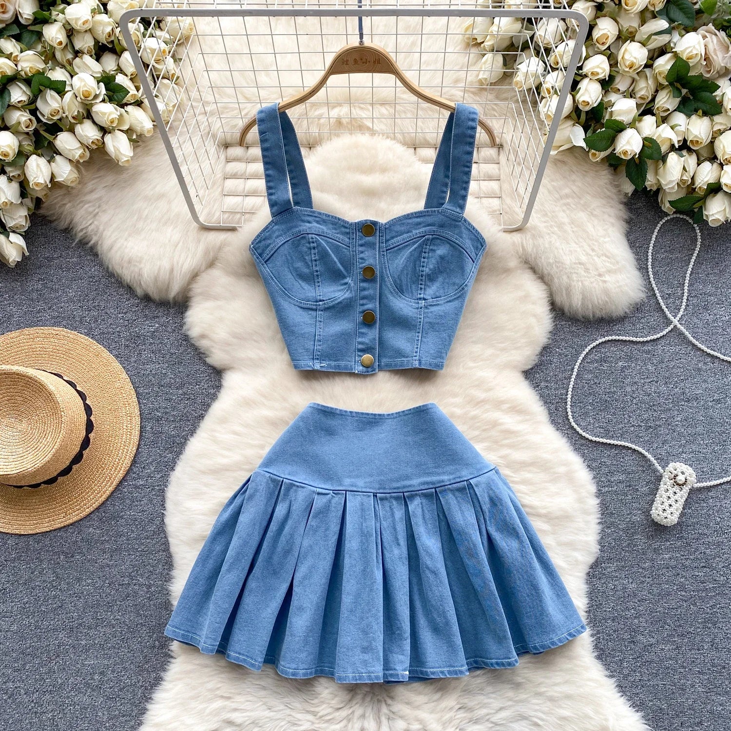 Female Chic Retro Suits Strap Button Elasticity Short Tank+Pleated Mini Skirt Fashion Hotsweet Denim Two Pieces Set