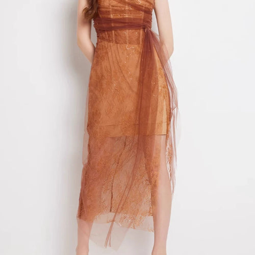 Load image into Gallery viewer, Solid Spliced Lace Slimming Dresses For Women Strapless Sleeveless High Waist Temperament Dress Female Fashion New
