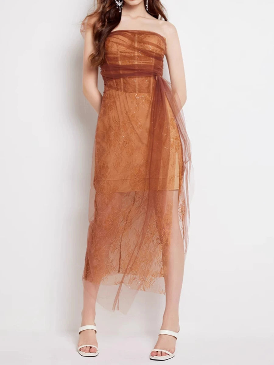 Solid Spliced Lace Slimming Dresses For Women Strapless Sleeveless High Waist Temperament Dress Female Fashion New