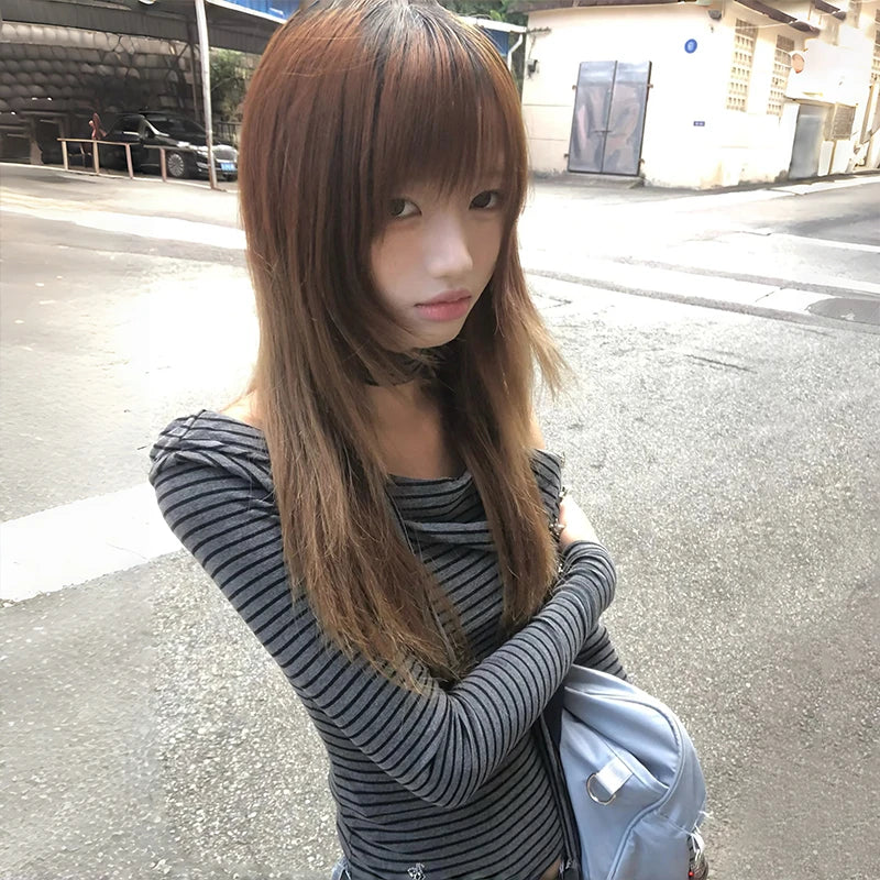 Japanese Y2k Off Shoulder Knitted Tops 2000s Style Long Sleeve Striped T-shirt With Scarf Vintage Harajuku Knitwear 90s