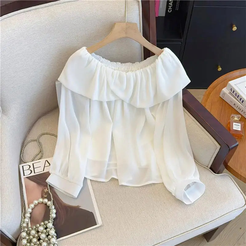 Spring Women White Off Shoulder Long Sleeve Blouse Retro French Blue Elegant Ruffle Edge Holiday Shirt Loose Short Top Versatile