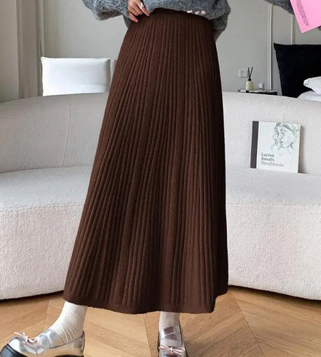 Vintage Women's Solid Elegant Party Knitted Long Skirt High Waist Pleated Warm Vacation A-line Skirts 2024 Autumn Winter Popular